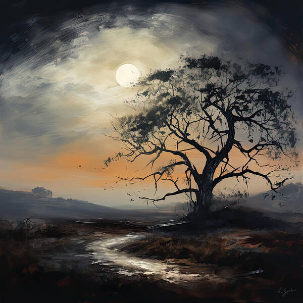 Yellow Art Print featuring the painting Ethereal Tree and Full Moon - Surreal Landscape by Lourry Legarde