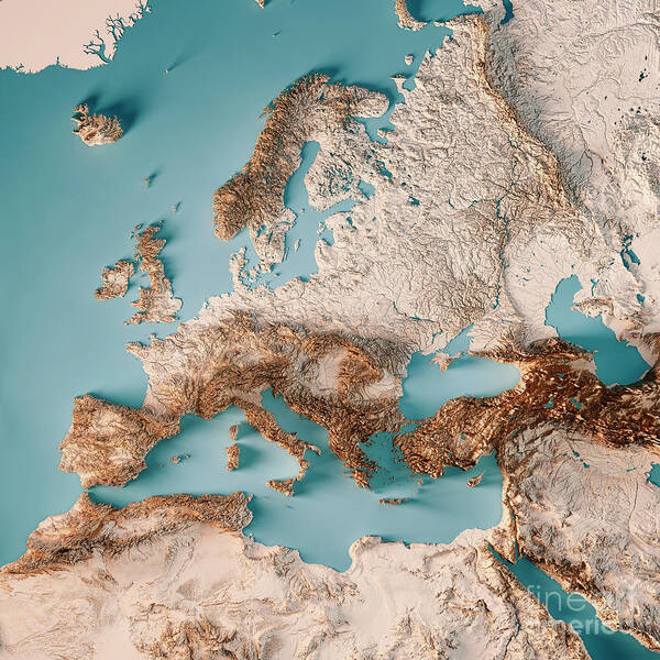 Europe Extended Render Topographic Map Neutral Art Print by Frank Ramspott - Pixels
