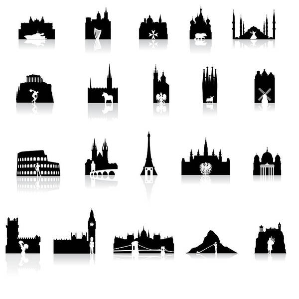 Clock Tower Art Print featuring the drawing European Icons Super Set by Albertc111