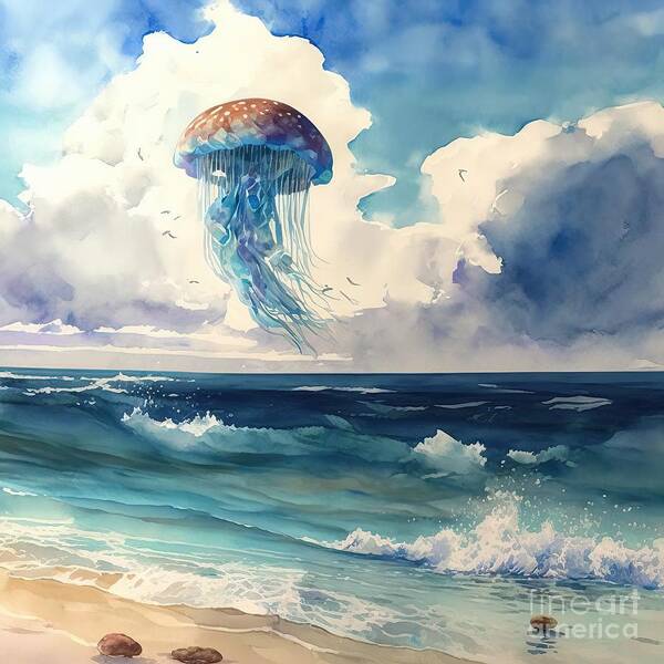 Animals Art Print featuring the painting Fantasy Jelly Fish At Beach by N Akkash