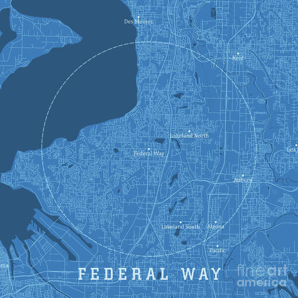 Washington Art Print featuring the digital art Federal Way WA City Vector Road Map Blue Text by Frank Ramspott
