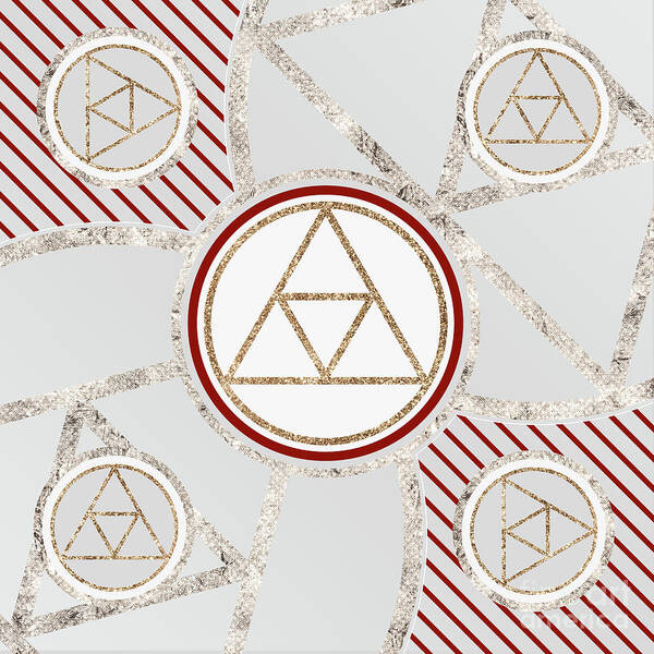 Abstract Art Print featuring the mixed media Festive Sparkly Geometric Glyph Art in Red Silver and Gold n.0322 by Holy Rock Design