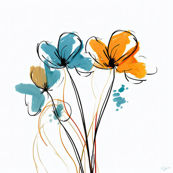 Turquoise And Orange Art Print featuring the painting Flowers Minimalist Art - Turquoise Orange and Yellow Art by Lourry Legarde