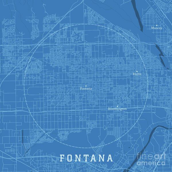 California Art Print featuring the digital art Fontana CA City Vector Road Map Blue Text by Frank Ramspott