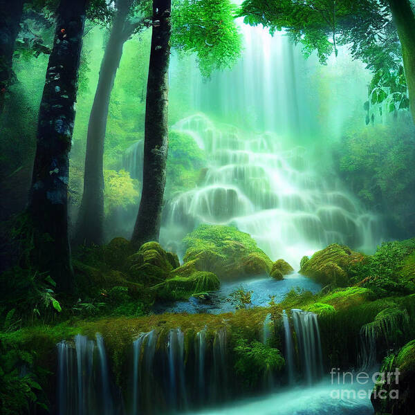 Forest Art Print featuring the digital art Forest Glade Waterfall by Eva Sawyer
