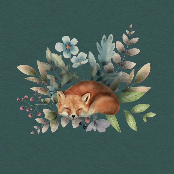 Fox Art Print featuring the painting Fox With Flowers by Garden Of Delights