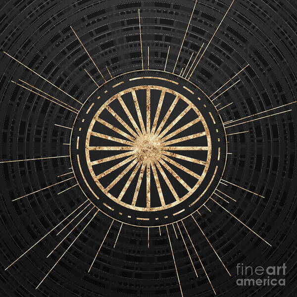 Gold Art Print featuring the painting Geometric Glyph in Gold with Radial Array on Dark Gray n.0037 by Holy Rock Design