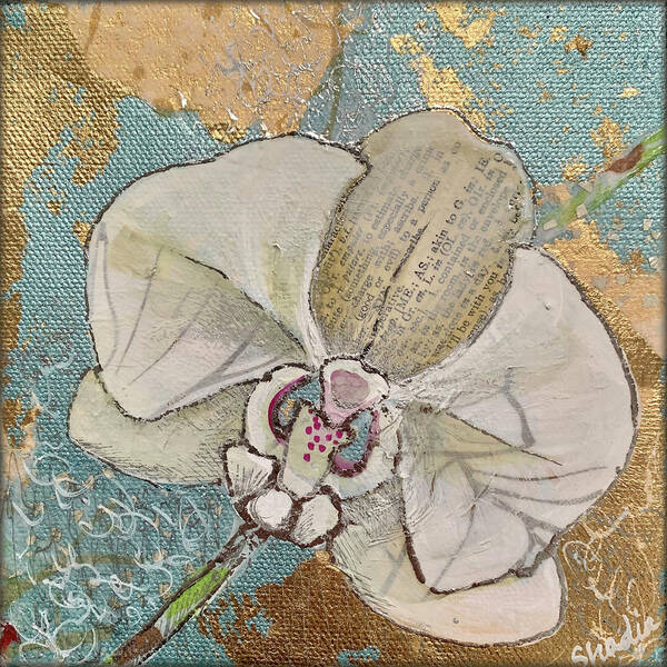 Orchid White Orchids Flowers Blossom Tropical Tropics Love Beauty Whitish Soft Delicate Green Fragile Fertility Refinement Thoughtfulness Charm Phalaenopsis Reverence Gold Gold Leaf Metallic Elegance Elegant Graceful Petite Dow Gardens Garden Midland Dowgarden Gold Collage Shadia Blue Pale Blue Soft Blue Art Print featuring the painting Gilded Orchid I by Shadia Derbyshire