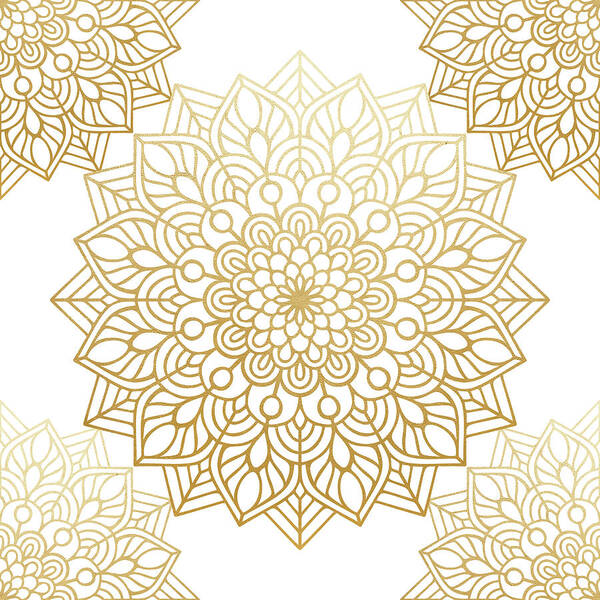 Mandala Art Print featuring the digital art Gold Mandala Pattern in White Background by Sambel Pedes