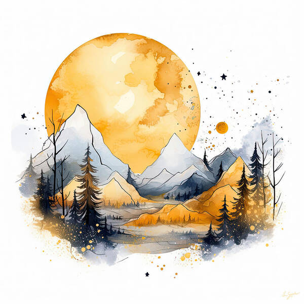 Yellow And Gray Art Print featuring the painting Golden Moon over the Grays by Lourry Legarde