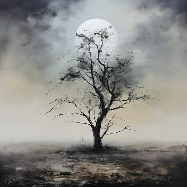 Yellow Art Print featuring the painting Gray and Dark Landscape with Full Moon and Tree by Lourry Legarde