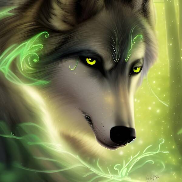 Digital Art Print featuring the digital art Green-Eyed Wolf by Beverly Read