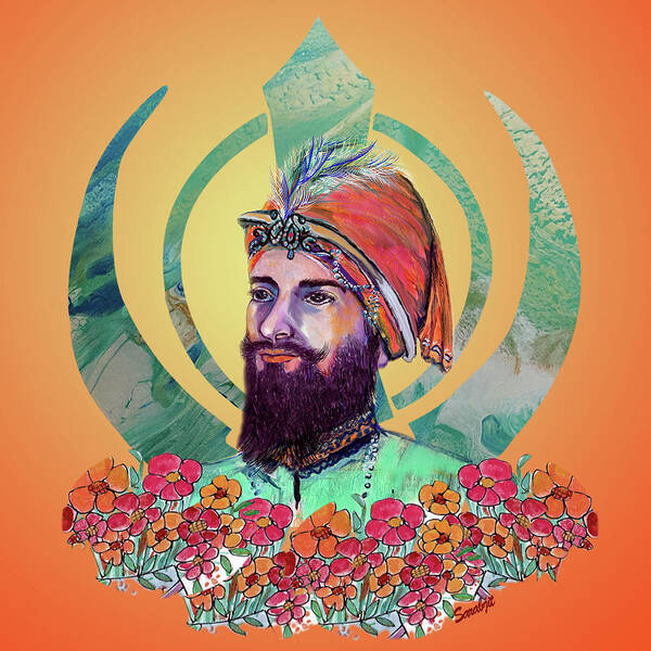 Orange Art Print featuring the painting Guru with Khanda by Sarabjit Singh
