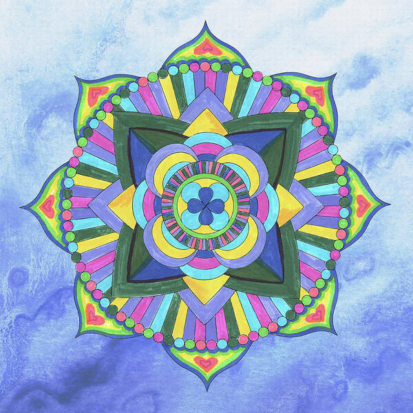 Mandala Art Print featuring the painting Hand Painted Watercolor Mandala Meditation On Blue by Irina Sztukowski
