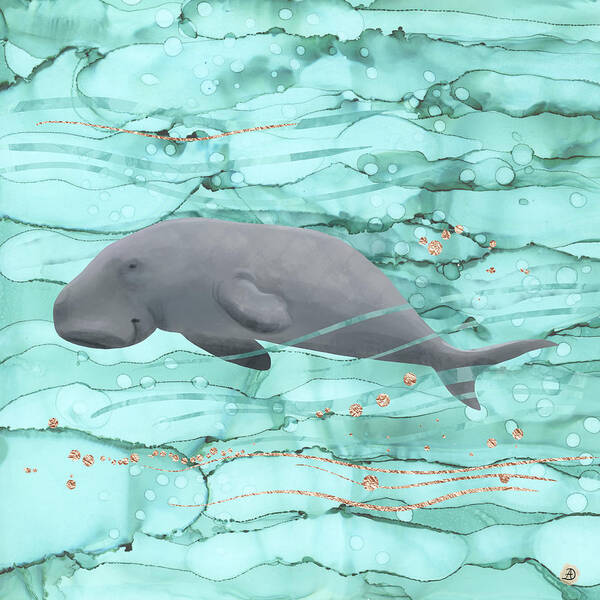 Happy Manatee Art Print featuring the digital art Happy Dugong Swimming in Coral Reef Waters by Andreea Dumez