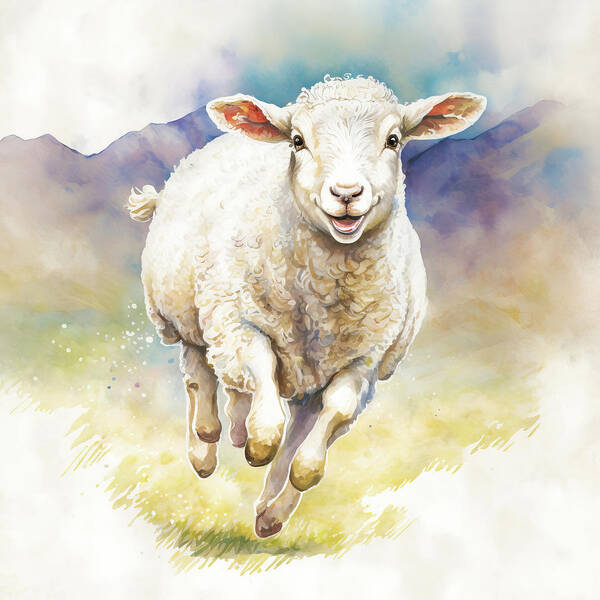 Sheep Art Print featuring the digital art Happy Watercolor Sheep in Spring 01 by Matthias Hauser