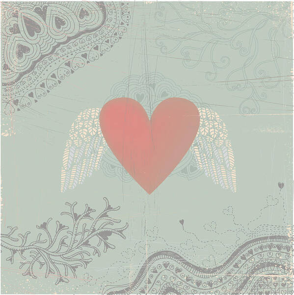 Funky Art Print featuring the drawing Heart with wings on seamless doodle background by Beastfromeast