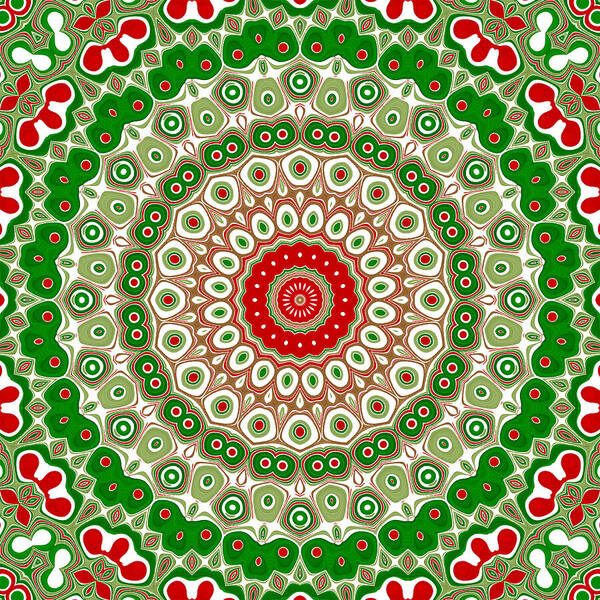 Red Art Print featuring the digital art Holiday Christmas Mandala Kaleidoscope Medallion Flower by Mercury McCutcheon