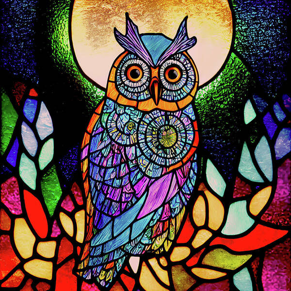 Hoot Owl Art Print featuring the digital art Hoot Owl and Full Moon - Stained Glass by Peggy Collins