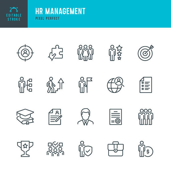 Working Art Print featuring the drawing HR Management - thin line vector icon set. Pixel perfect. Editable stroke. The set contains icons: Human Resources, Career, Recruitment, Business Person, Group Of People, Teamwork, Skill, Candidate. by Fonikum