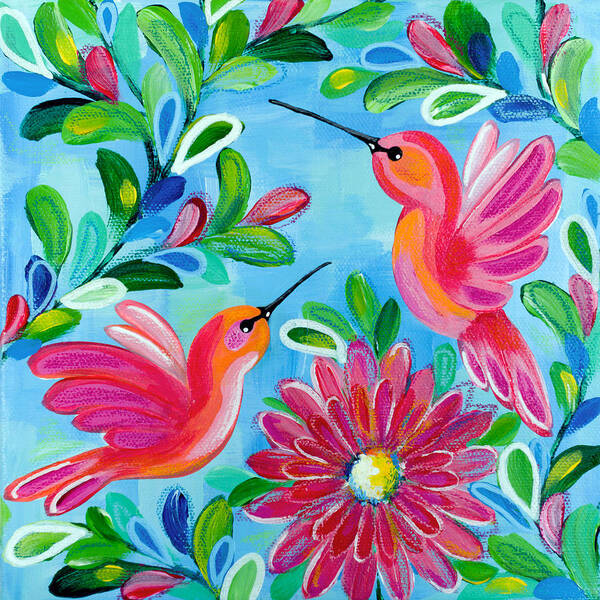 Hummingbirds Art Print featuring the painting Hummingbird Duo by Beth Ann Scott