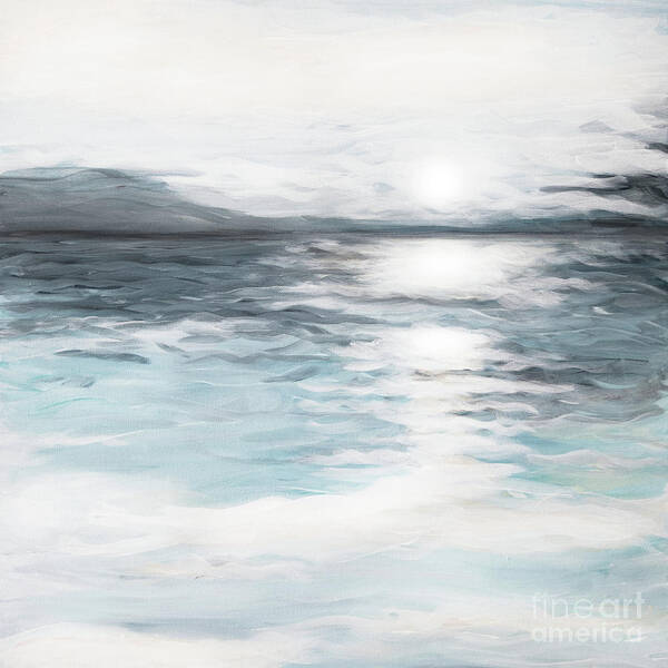 Impressionist Impressionistic Ocean Sunrise Soft Teal Indigo Blue White Reflection Art Print featuring the painting Impression by Pamela Schwartz