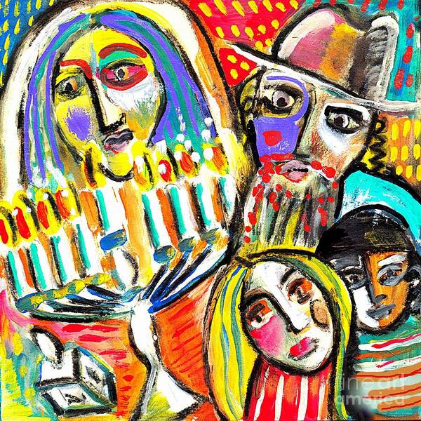 Judaica Art Print featuring the painting JUDAICA Family Lighting The Menorah by Sandra Silberzweig