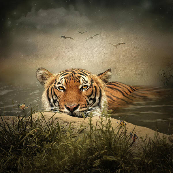 Tiger Art Print featuring the digital art Keeping Cool by Maggy Pease