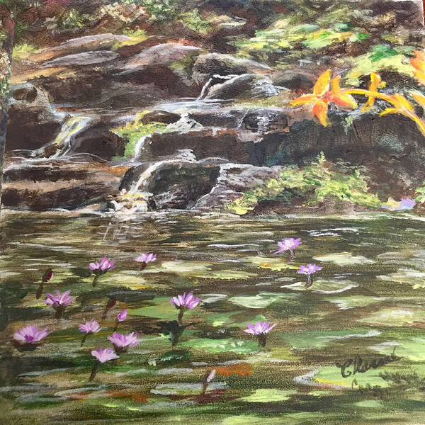 Koi Art Print featuring the painting Koi Pond in Hawaii by Charme Curtin