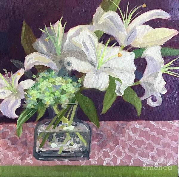 Lily Art Print featuring the painting Lillies on Pink by Anne Marie Brown