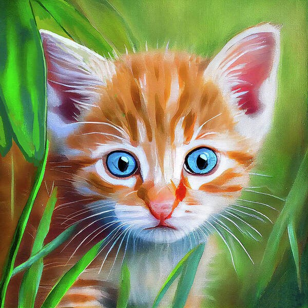 Cats Art Print featuring the mixed media Little Blue Eyes - Orange Tabby Kitten by Mark E Tisdale