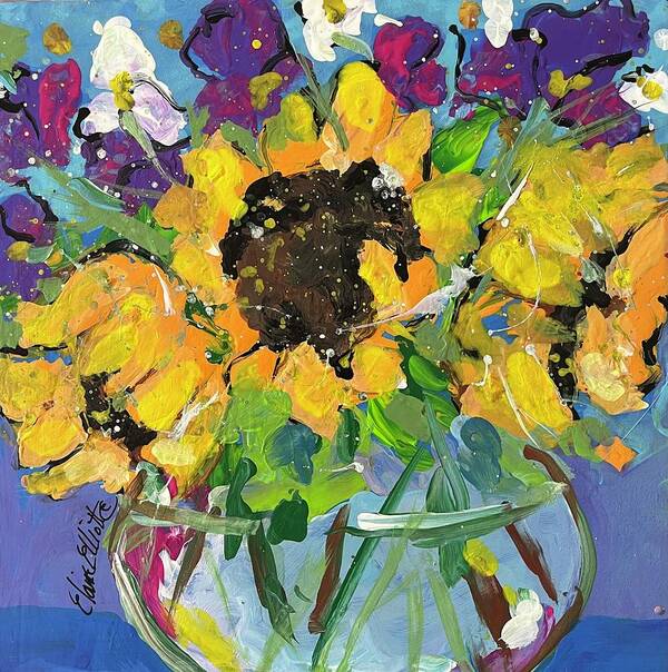 Sunflowers Art Print featuring the painting Little bowl of Sunshine by Elaine Elliott