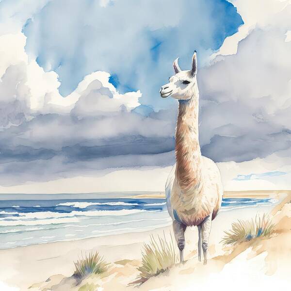 Animal Art Print featuring the painting Llama At Beach by N Akkash