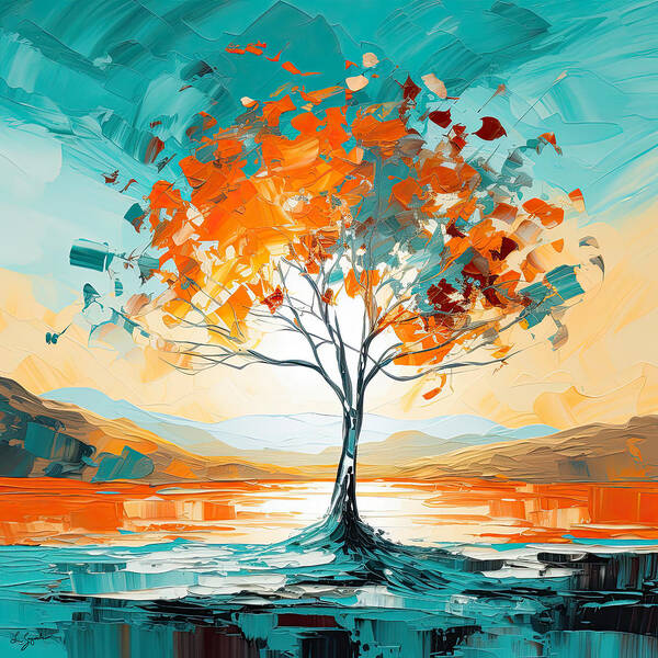 Turquoise And Orange Art Print featuring the painting Lone Turquoise and Orange Tree by Lourry Legarde