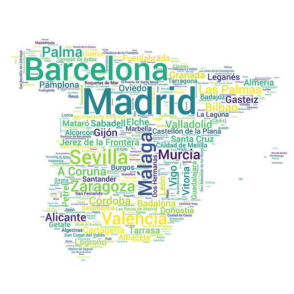 Spain Map Art Print featuring the digital art Map of Spain with Word Cloud of City Names by Alexios Ntounas