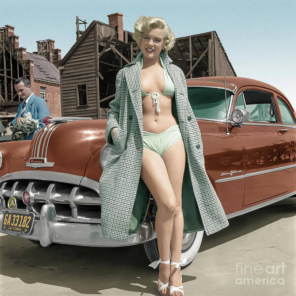 Marilyn Monroe Pinup Sexy Girl California Movies Vintage 1950s Pontiac Hollywood Cars Blond Famous Portrait Fantasy Full Colors  Art Print featuring the photograph Marilyn and the Pontiac by Franchi Torres
