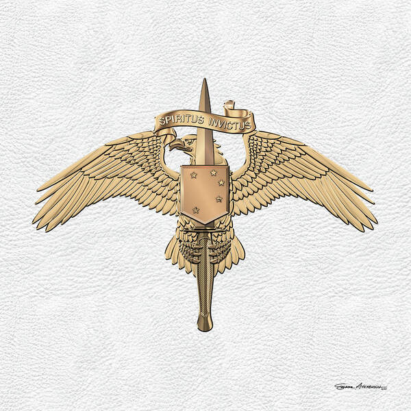 Military Insignia & Heraldry Collection By Serge Averbukh Art Print featuring the digital art Marine Special Operator Insignia - USMC Raider Dagger Badge over White Leather by Serge Averbukh