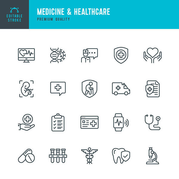 Ambulance Art Print featuring the drawing Medicine & Healthcare - vector line icon set. Editable Stroke. Perfect Pixels. Medicine, Insurance, Pregnancy, Ambulance car, Caduceus, by Fonikum