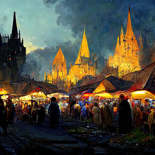 Medieval Art Print featuring the painting Medieval Fantasy Town, 07 by AM FineArtPrints