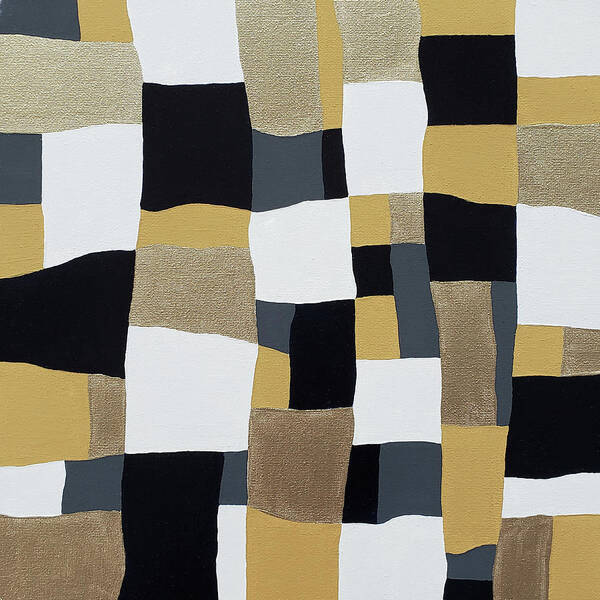 Lynnie Lang Art Print featuring the painting Mid Century Mod Abstract Squares Metallic Gold Navy Blue Mustard Ivory by Lynnie Lang