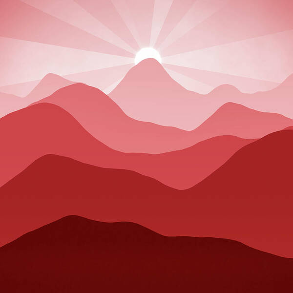 Mountains Art Print featuring the digital art Minimalist Mountain Landscape shades of red by Matthias Hauser