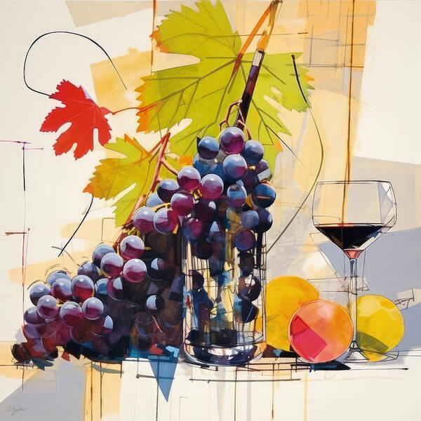 Grapes Art Print featuring the painting Modern Grapes Still Life Art by Lourry Legarde