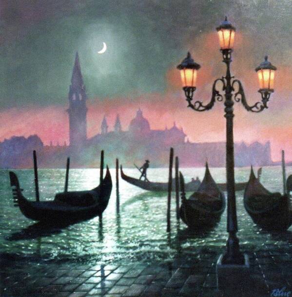Venice Art Print featuring the painting Moon over Venice by Blue Sky