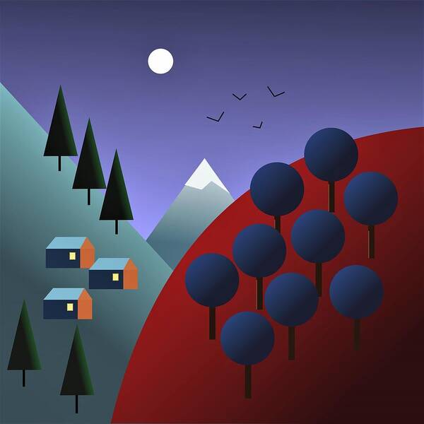 Mountainscape Art Print featuring the digital art Moonlit Mountainscape by Fatline Graphic Art