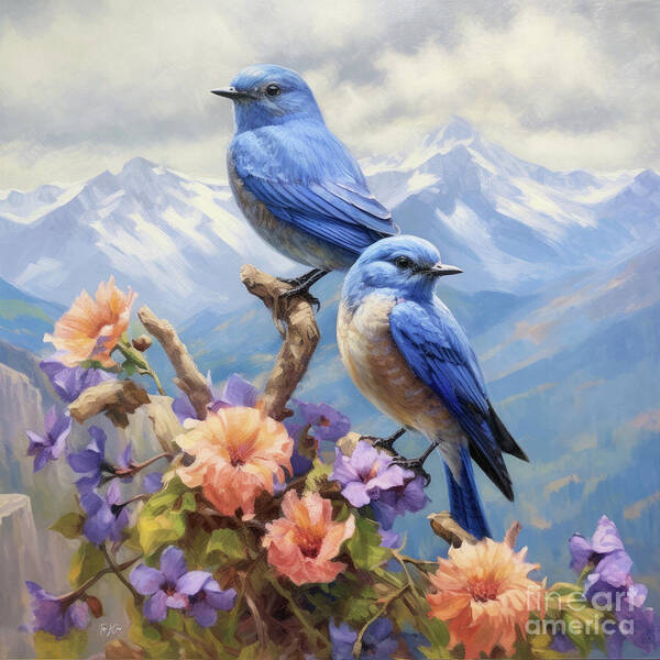 Mountain Bluebirds Art Print featuring the painting Mountain Bluebirds by Tina LeCour