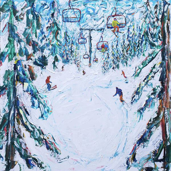Ski Print Art Print featuring the painting Mt Bachelor Oregon Ski Print Red Chair by Pete Caswell