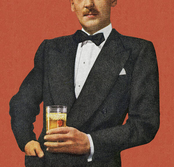 Groom Art Print featuring the drawing Mustache Man In Tuxedo Holding Drink by CSA-Printstock