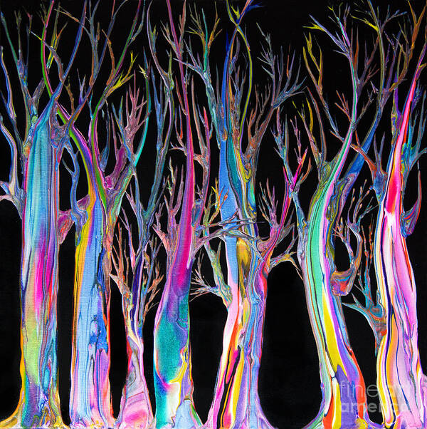Trees Forest Rainbow Colors Ectalyptus Art Print featuring the painting Neon Eucalyptus Bare Branches 7746 by Priscilla Batzell Expressionist Art Studio Gallery