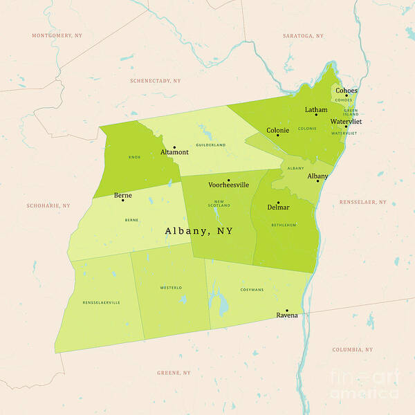 County Art Print featuring the digital art NY Albany Vector Map Green by Frank Ramspott