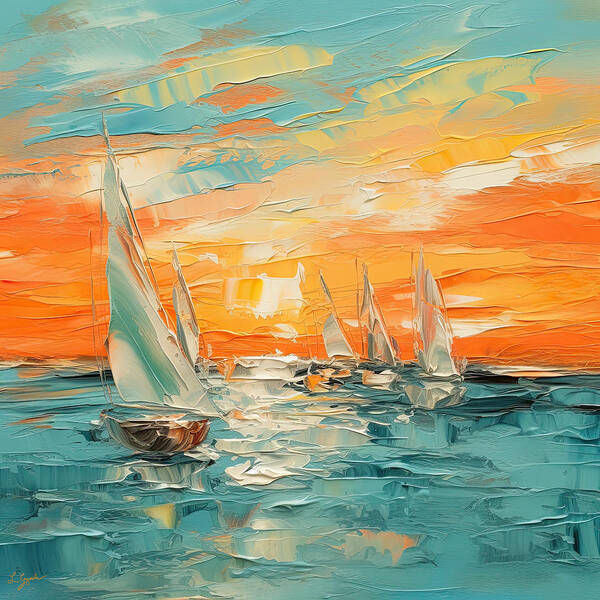 Turquoise And Orange Art Print featuring the painting Ocean Symphony in Turquoise and Orange by Lourry Legarde